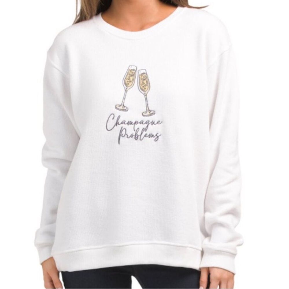 Pacific & Co White Champagne Problems Embroidered Sweatshirt